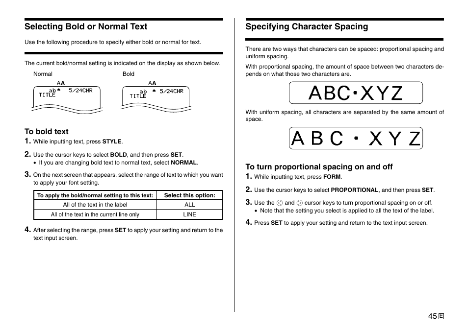 Specifying character spacing, Selecting bold or normal text | Casio Printer CW-75 User Manual | Page 47 / 70