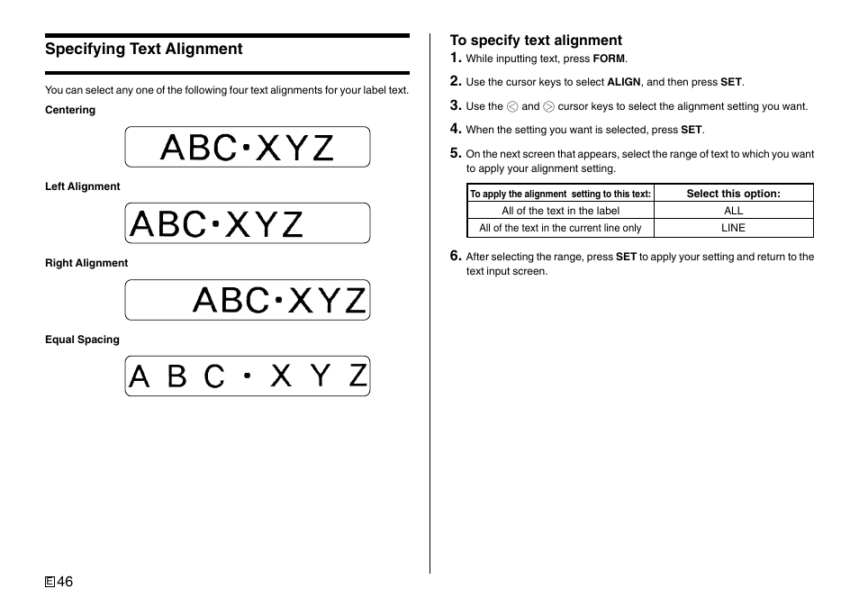 Specifying text alignment | Casio Printer CW-75 User Manual | Page 48 / 70