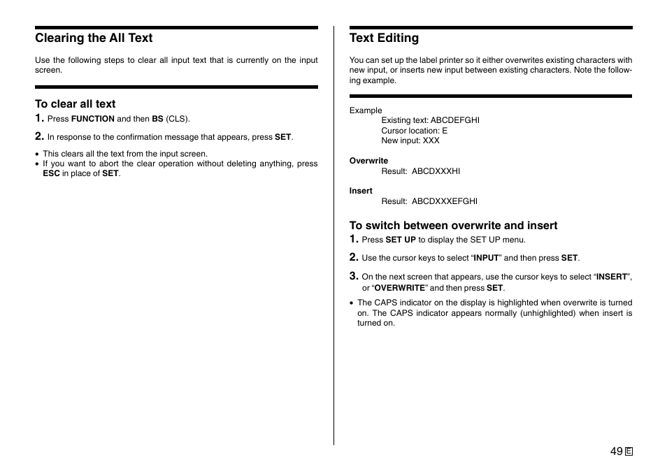 Clearing the all text, Text editing | Casio Printer CW-75 User Manual | Page 51 / 70