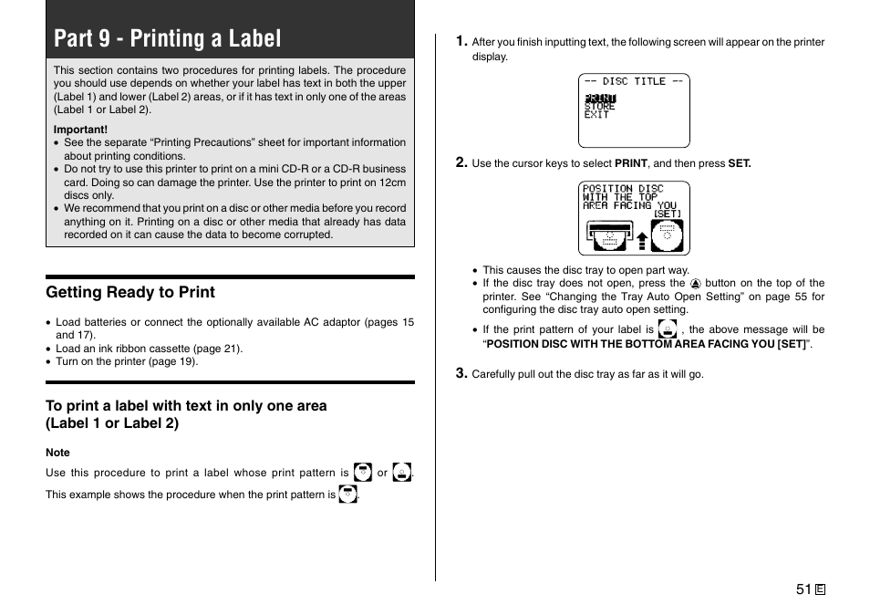 Part 9 - printing a label, Getting ready to print | Casio Printer CW-75 User Manual | Page 53 / 70