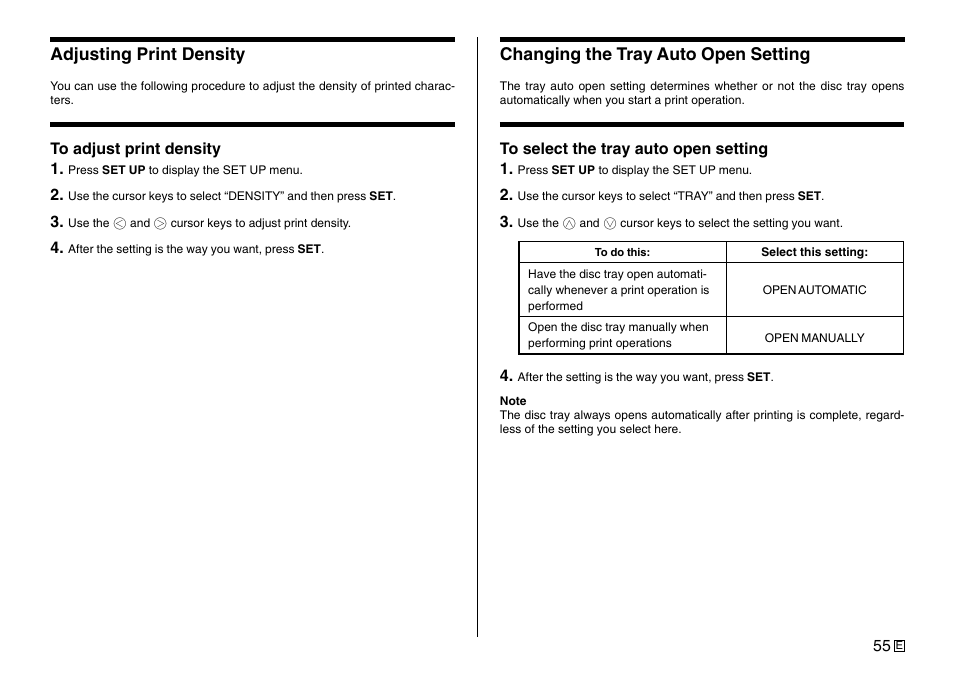 Adjusting print density, Changing the tray auto open setting | Casio Printer CW-75 User Manual | Page 57 / 70