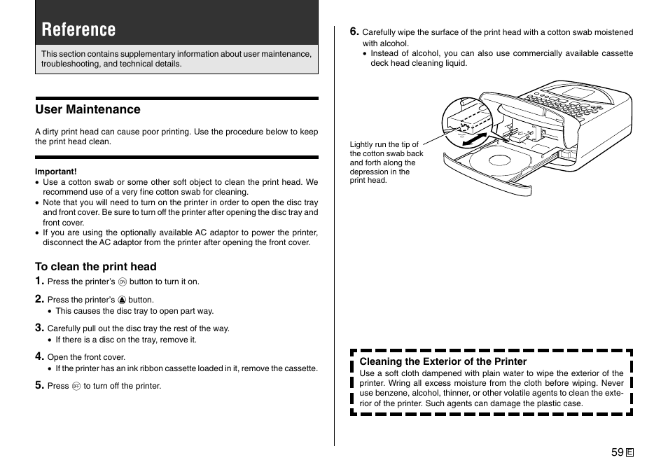 Reference, User maintenance | Casio Printer CW-75 User Manual | Page 61 / 70