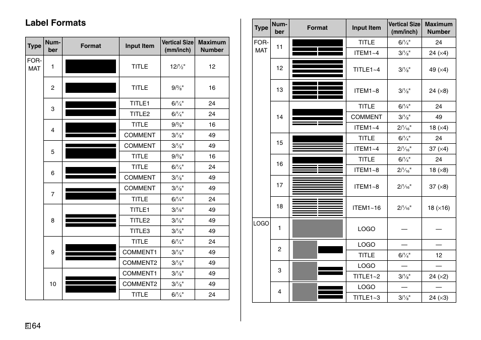 Label formats | Casio Printer CW-75 User Manual | Page 66 / 70