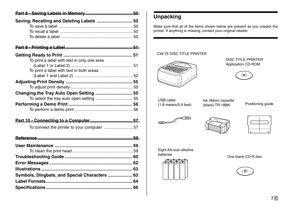 Unpacking | Casio Printer CW-75 User Manual | Page 9 / 70