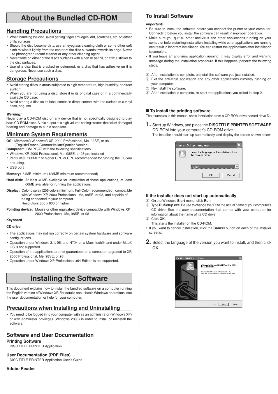 About the bundled cd-rom, Installing the software, Handling precautions | Storage precautions, Minimum system requirements, Precautions when installing and uninstalling, Software and user documentation | Casio CW-K85 User Manual | Page 2 / 4