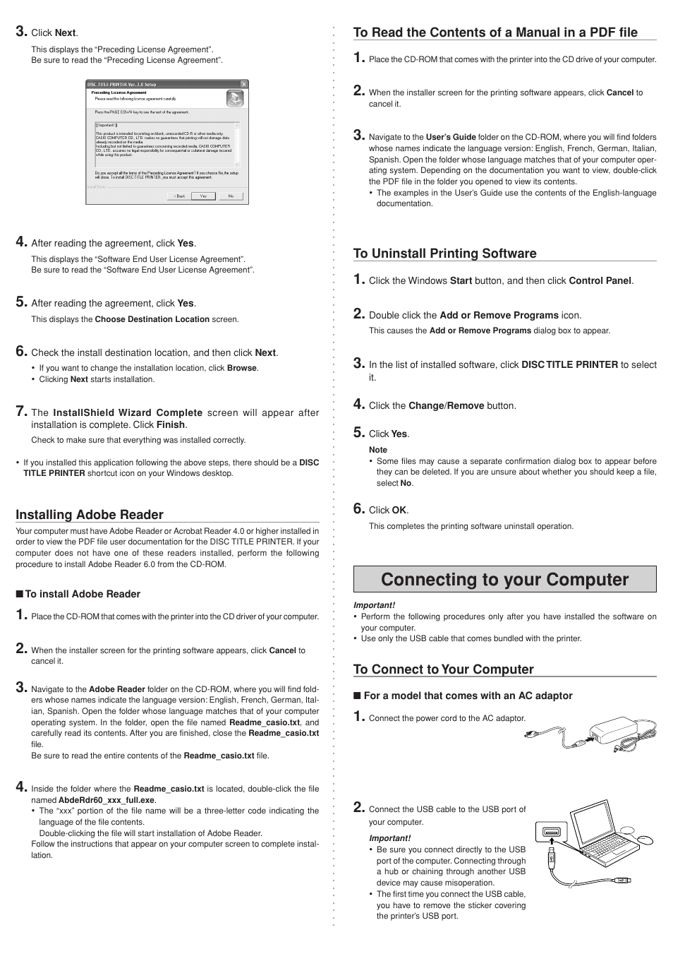 Connecting to your computer, Installing adobe reader | Casio CW-K85 User Manual | Page 3 / 4