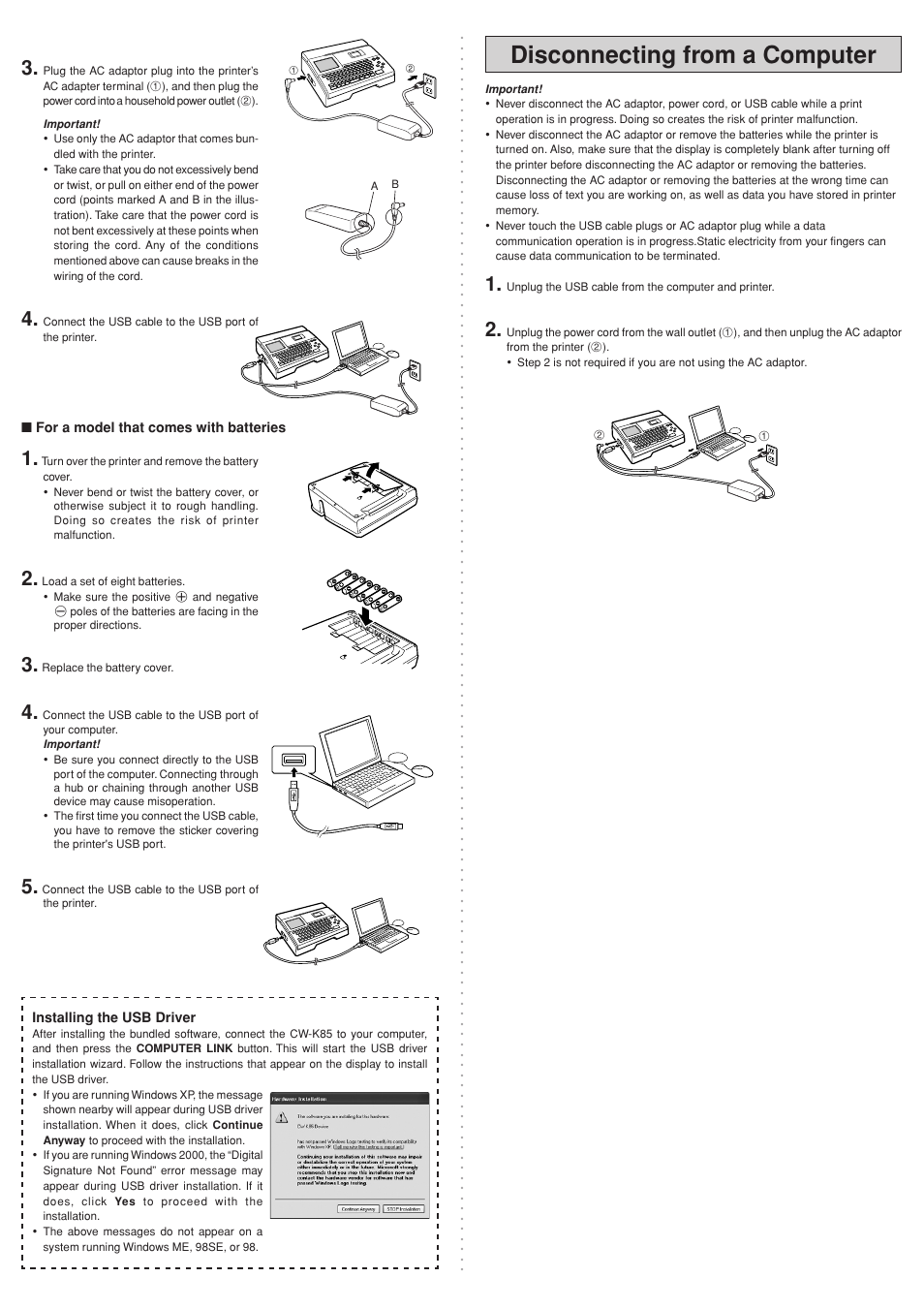 Disconnecting from a computer | Casio CW-K85 User Manual | Page 4 / 4