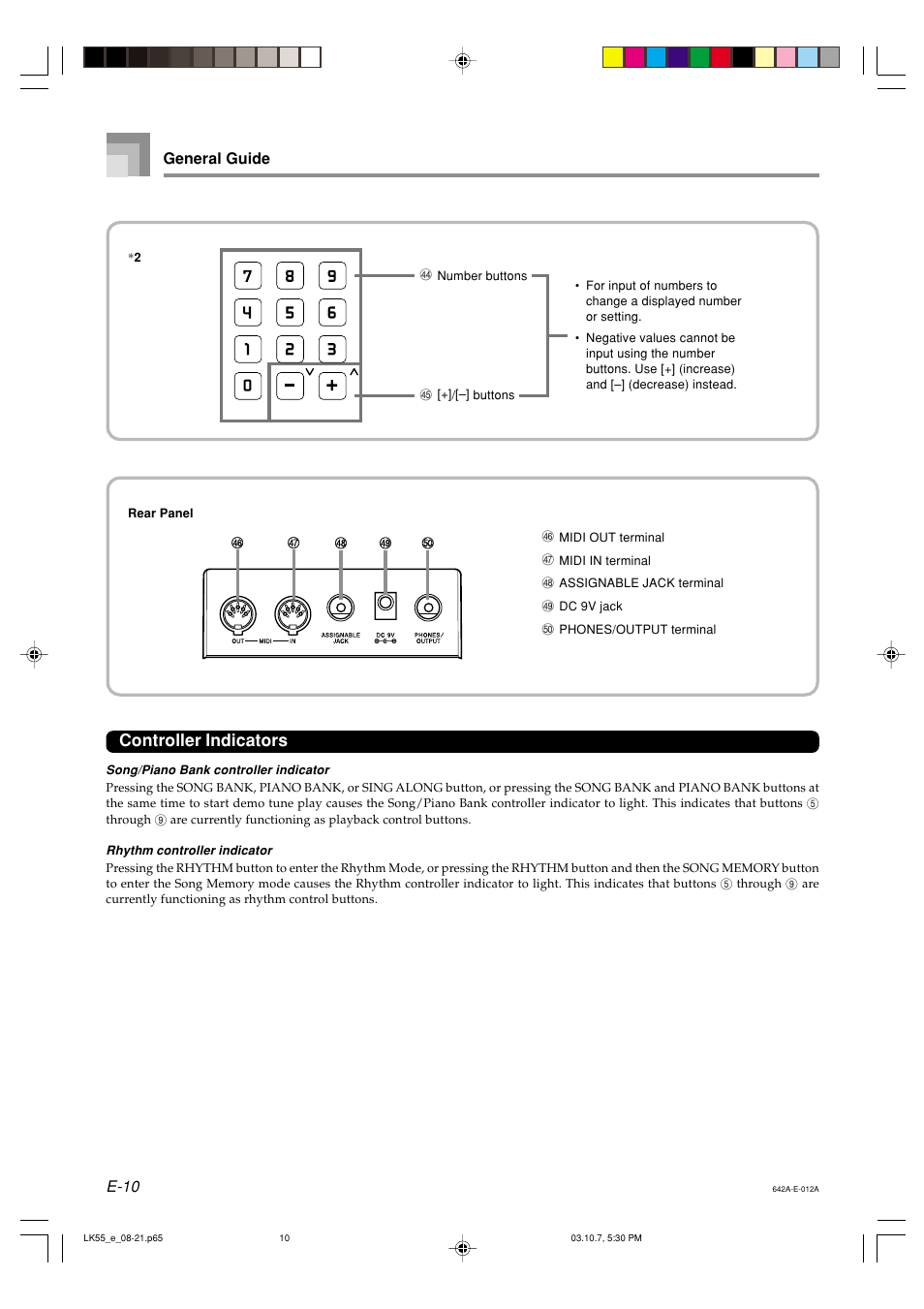 Controller indicators, E-10 general guide | Casio LK-56 User Manual | Page 12 / 83