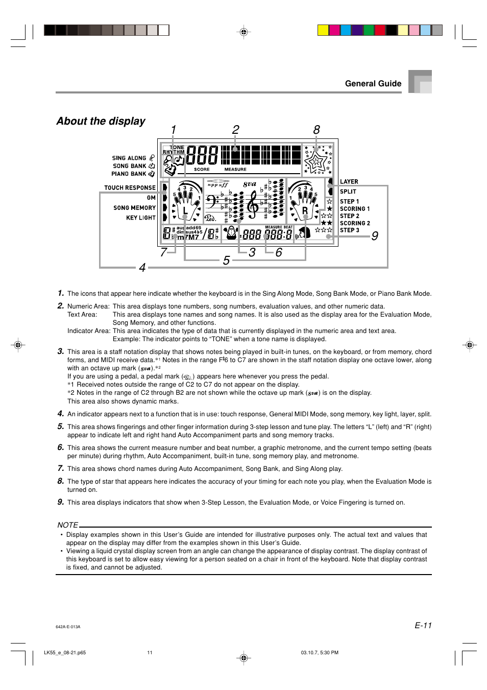 About the display | Casio LK-56 User Manual | Page 13 / 83