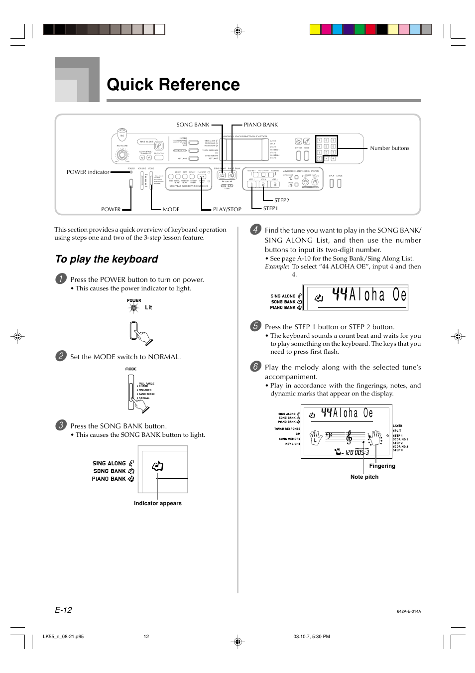 Quick reference | Casio LK-56 User Manual | Page 14 / 83