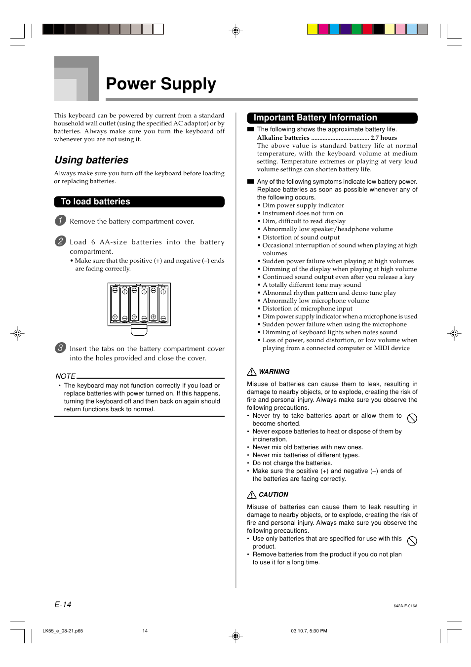 Power supply, Using batteries | Casio LK-56 User Manual | Page 16 / 83