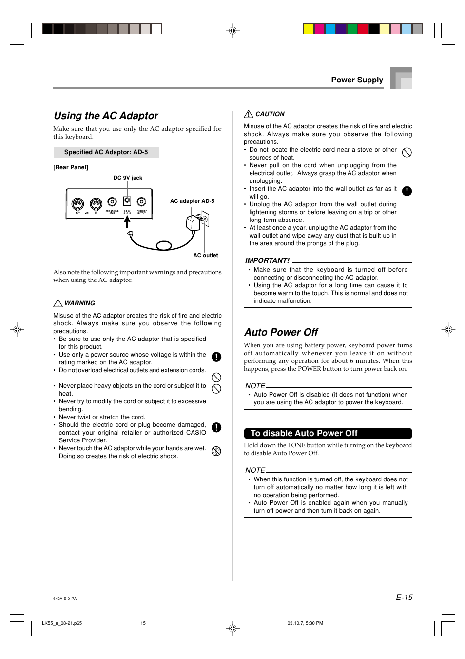 Auto power off, Using the ac adaptor, E-15 | Power supply | Casio LK-56 User Manual | Page 17 / 83