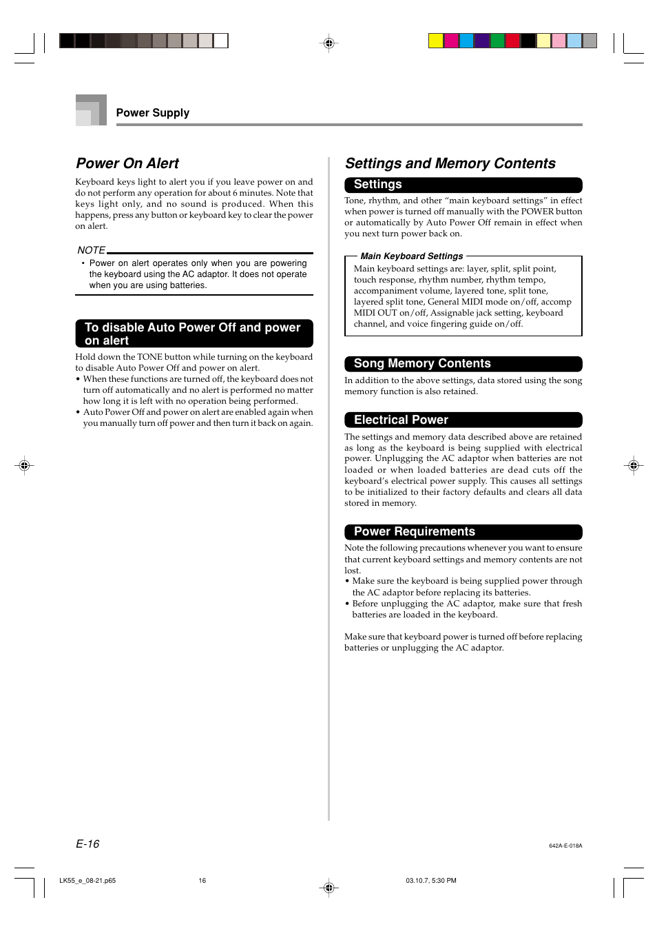 Power on alert, Settings, Electrical power | Power requirements | Casio LK-56 User Manual | Page 18 / 83