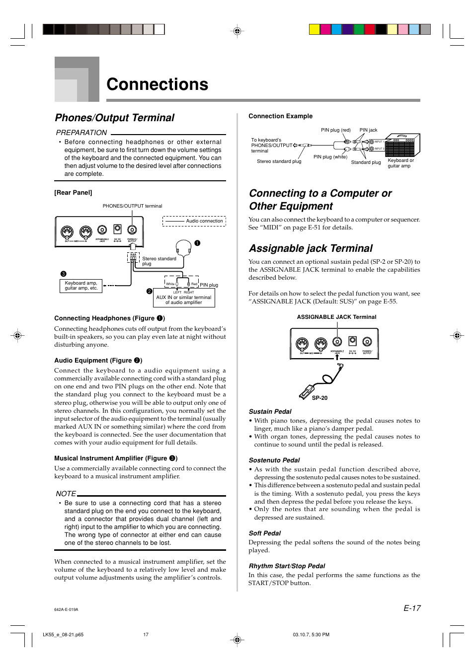 Connections, Phones/output terminal, Connecting to a computer or other equipment | Assignable jack terminal, E-17 | Casio LK-56 User Manual | Page 19 / 83