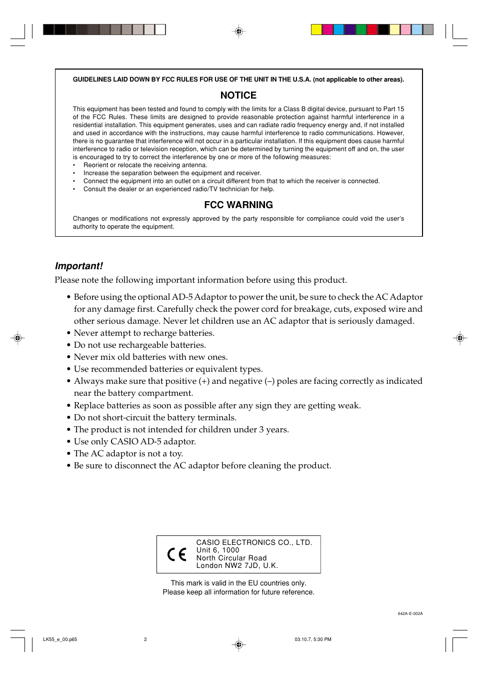 Notice, Fcc warning, Important | Casio LK-56 User Manual | Page 2 / 83