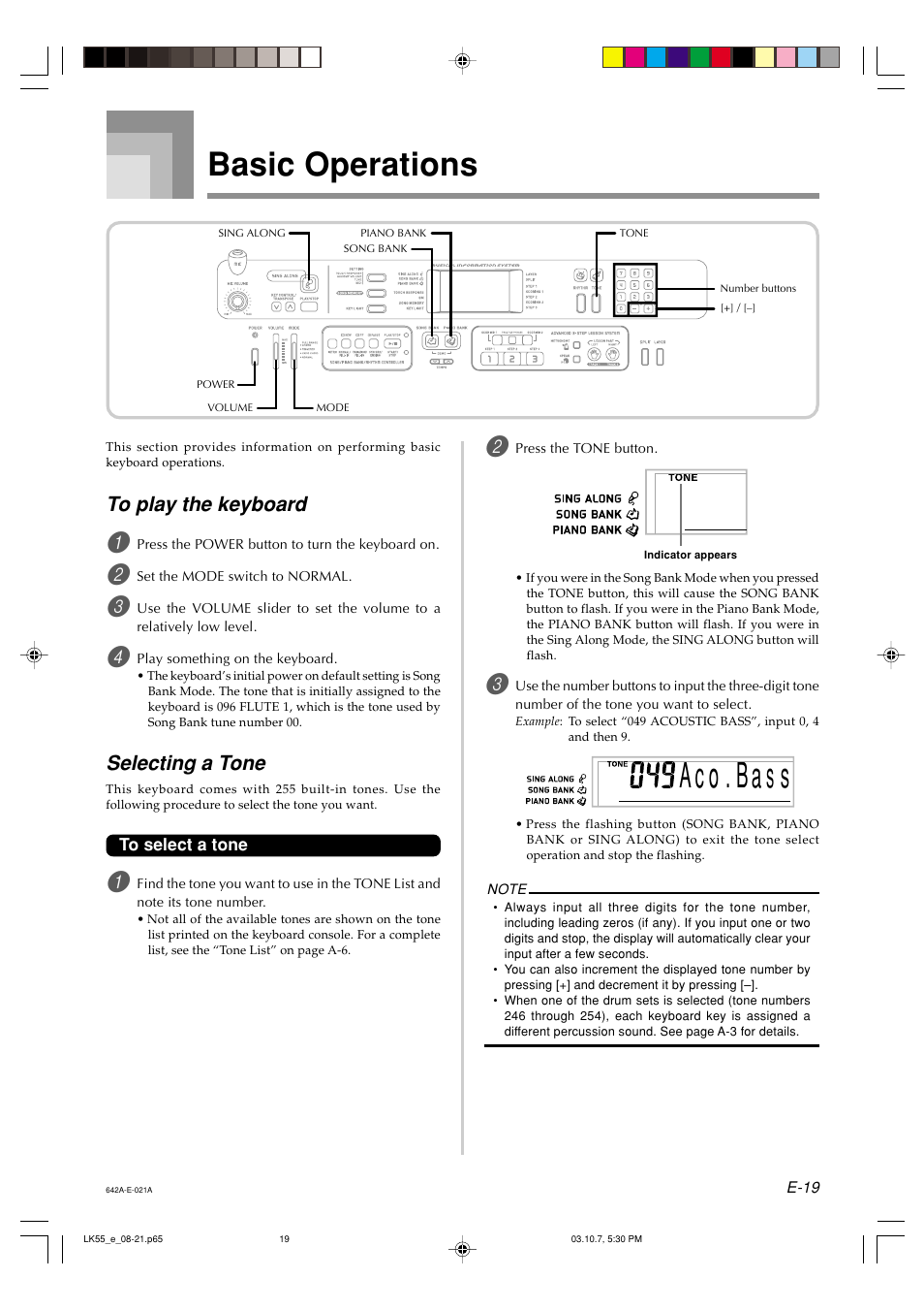 A c o . ba s s, Basic operations, Selecting a tone | Casio LK-56 User Manual | Page 21 / 83