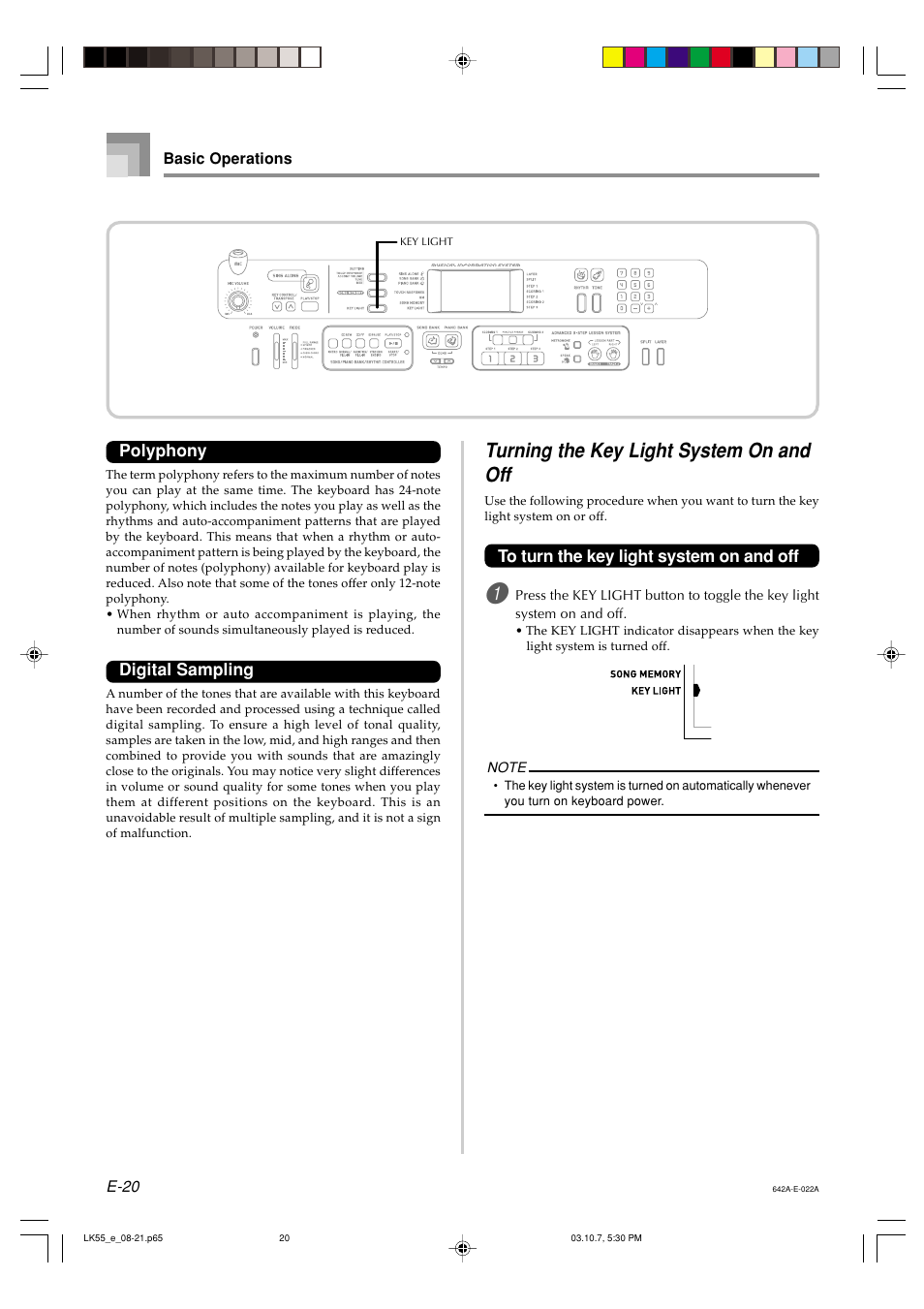 Turning the key light system on and off, Polyphony, Digital sampling | Casio LK-56 User Manual | Page 22 / 83