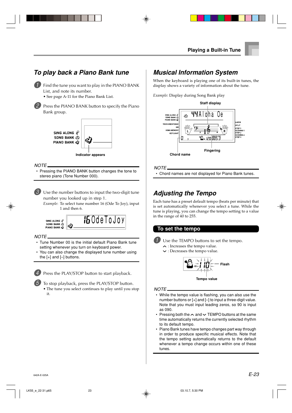 Musical information system, Adjusting the tempo | Casio LK-56 User Manual | Page 25 / 83