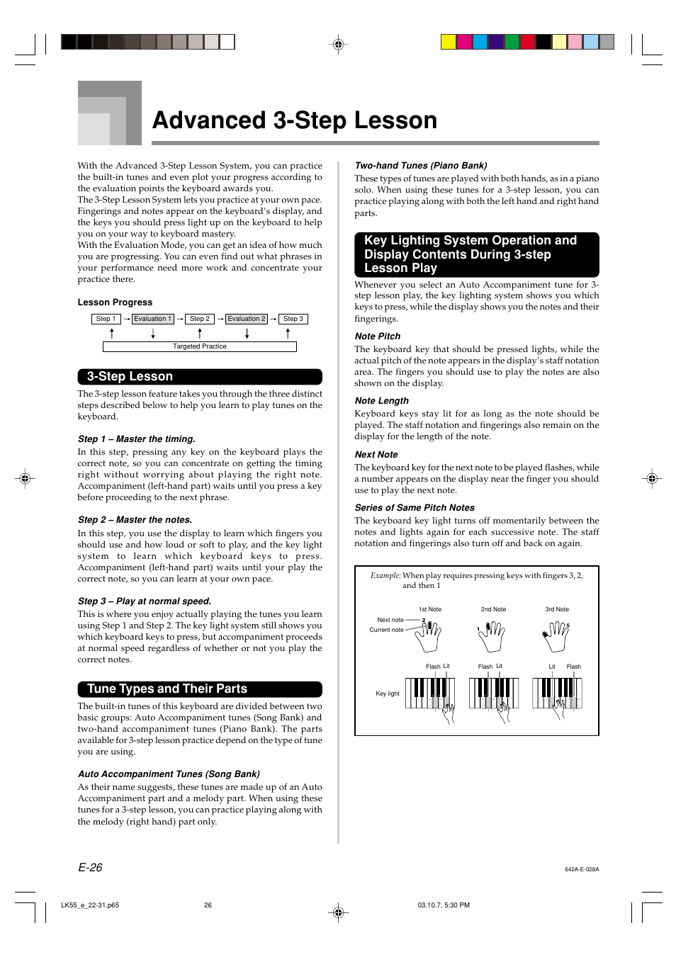 Advanced 3-step lesson, Step lesson, Tune types and their parts | E-26 | Casio LK-56 User Manual | Page 28 / 83