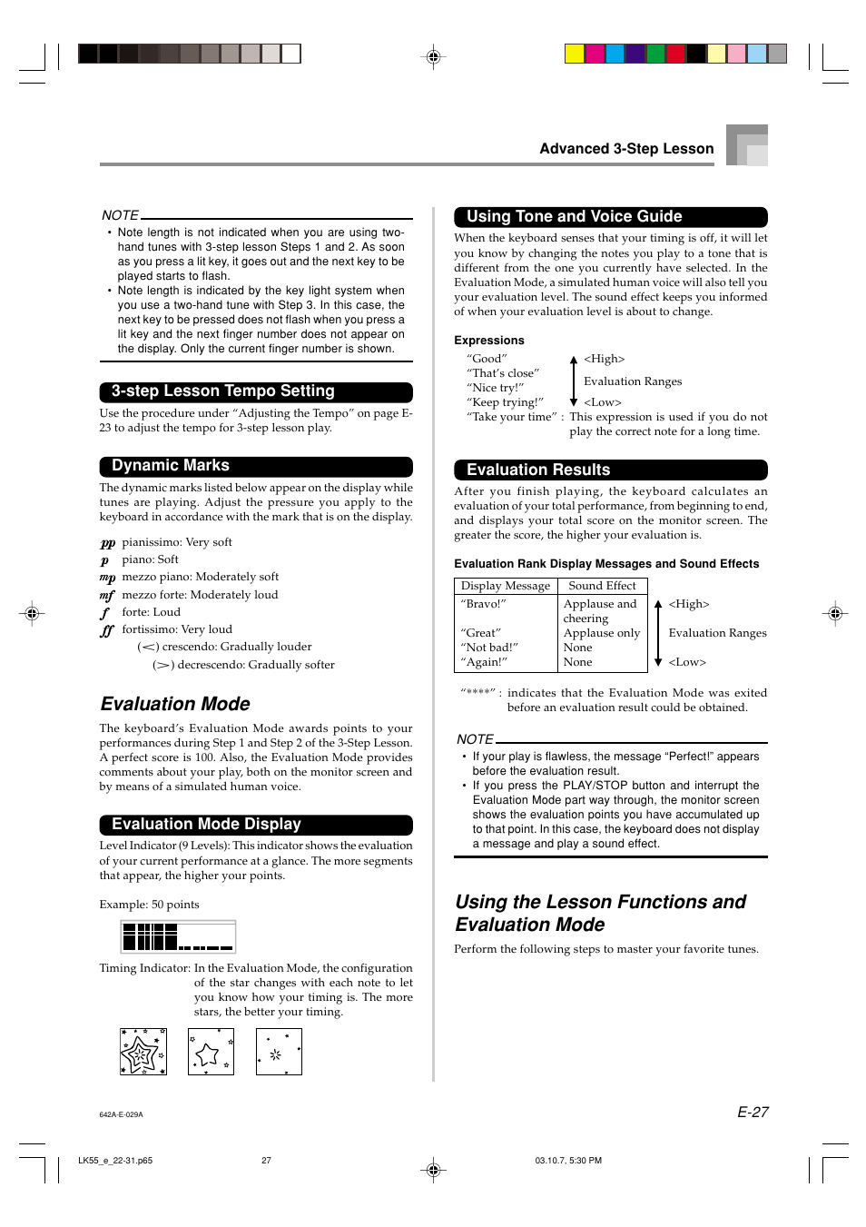 Evaluation mode, Using the lesson functions and evaluation mode, Step lesson tempo setting | Dynamic marks, Evaluation mode display, Using tone and voice guide, Evaluation results | Casio LK-56 User Manual | Page 29 / 83