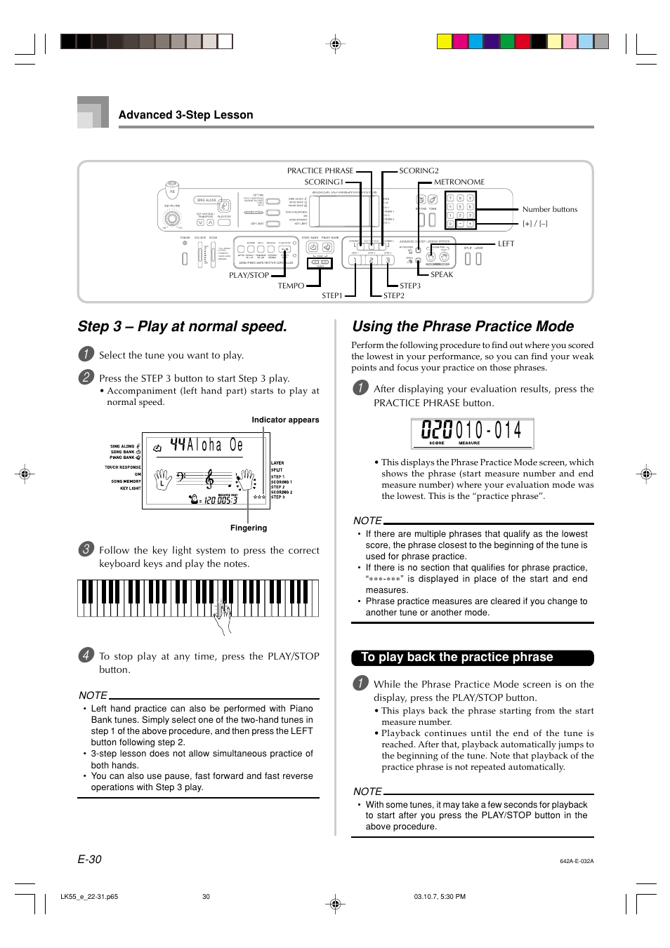 Step 3 – play at normal speed, Using the phrase practice mode | Casio LK-56 User Manual | Page 32 / 83