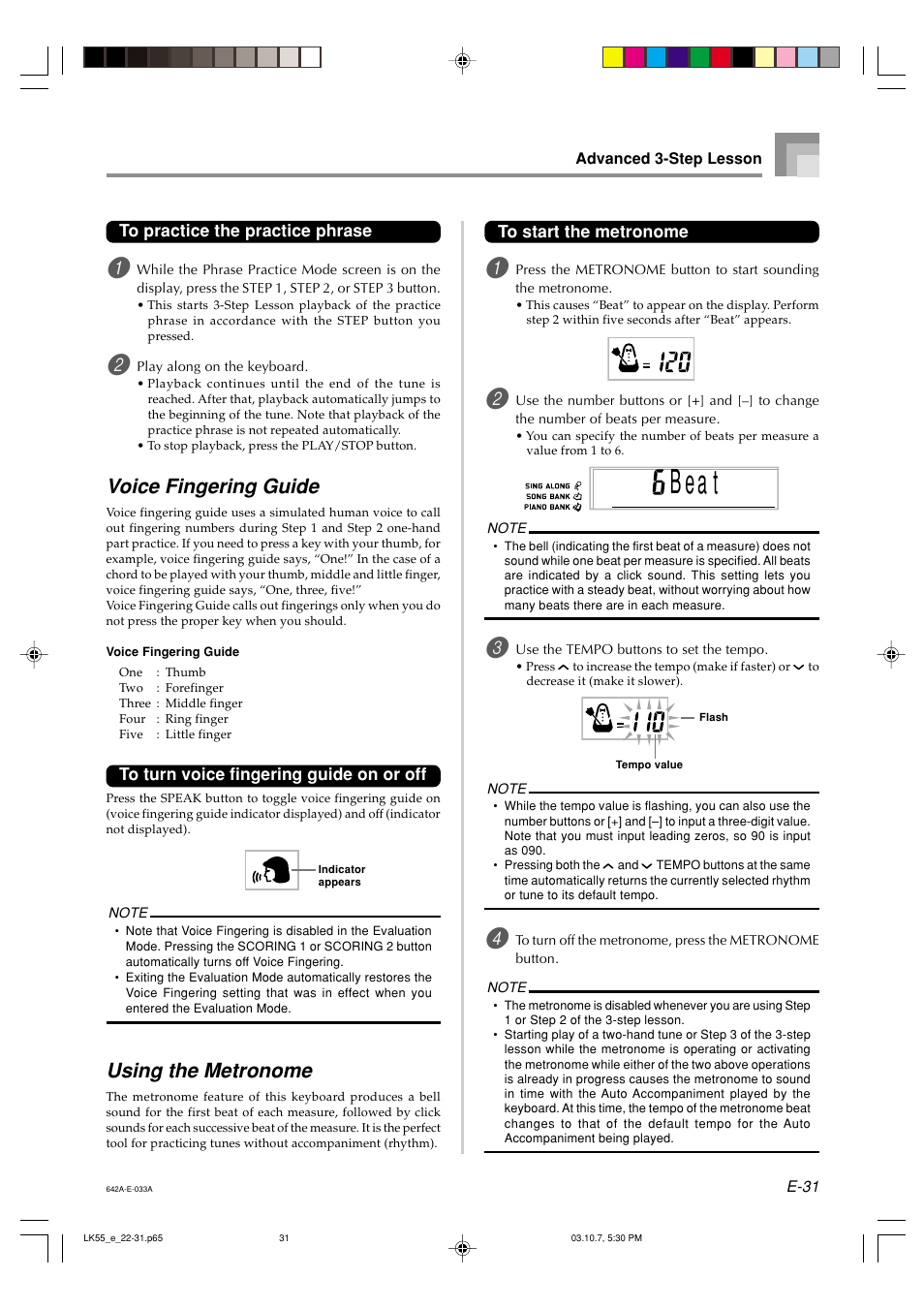 B a t e, Voice fingering guide, Using the metronome | Casio LK-56 User Manual | Page 33 / 83