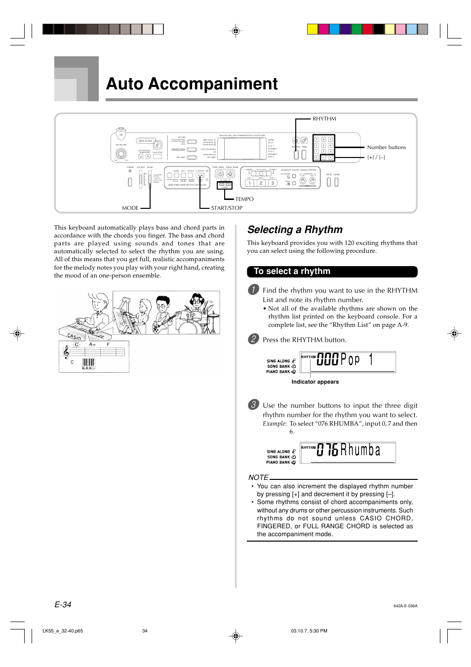 Rb a hum, Auto accompaniment, Selecting a rhythm | Casio LK-56 User Manual | Page 36 / 83