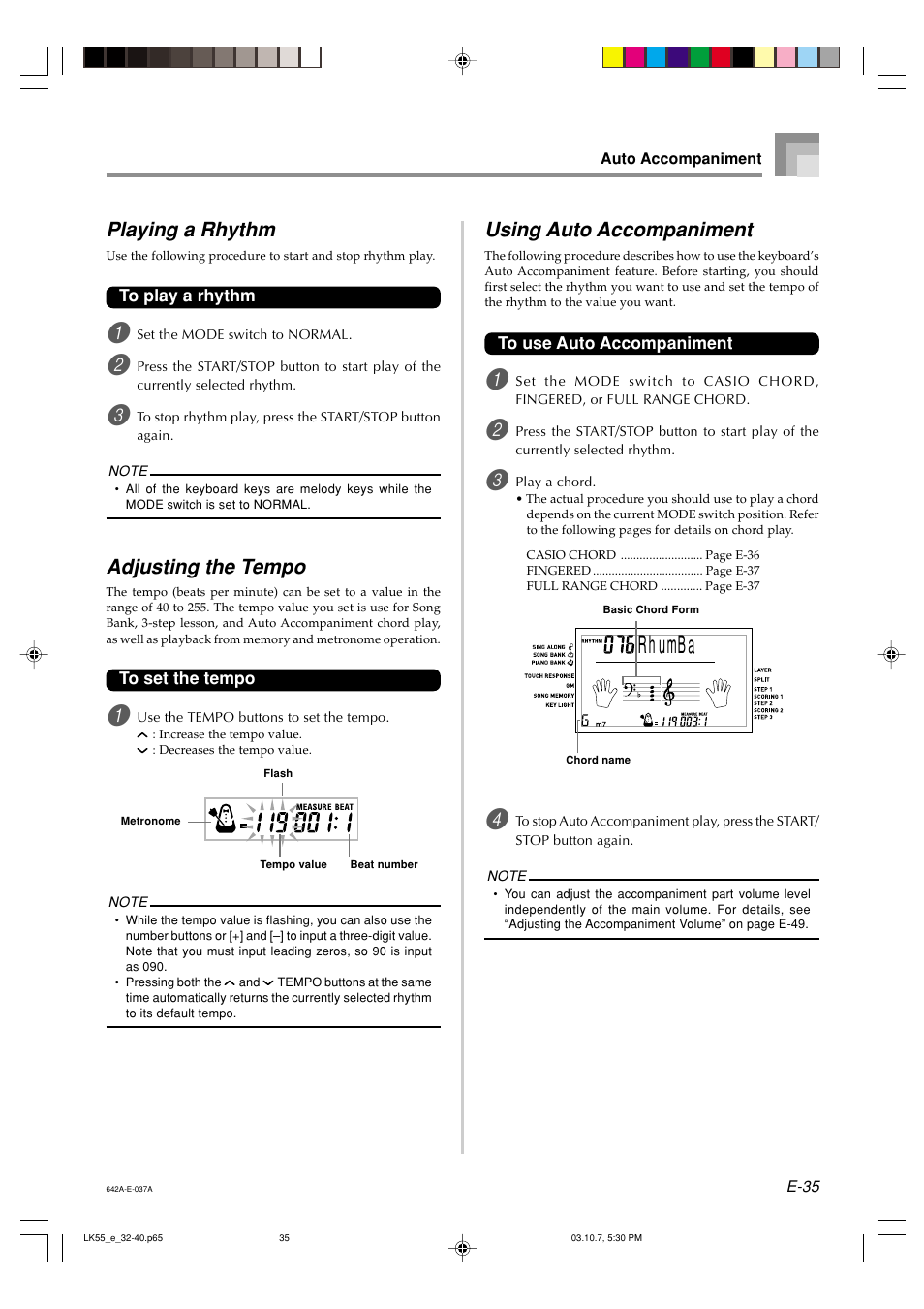 R u h mba, Using auto accompaniment, Playing a rhythm | Adjusting the tempo | Casio LK-56 User Manual | Page 37 / 83