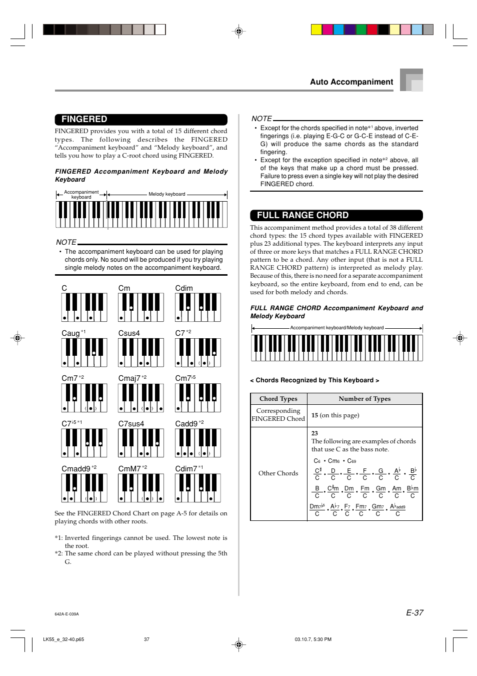 Full range chord, Fingered, E-37 | Auto accompaniment, Ccaug, Cmadd9, Cm csus4 cmaj7, C7sus4 cmm7, Cdim c7, Cadd9 | Casio LK-56 User Manual | Page 39 / 83