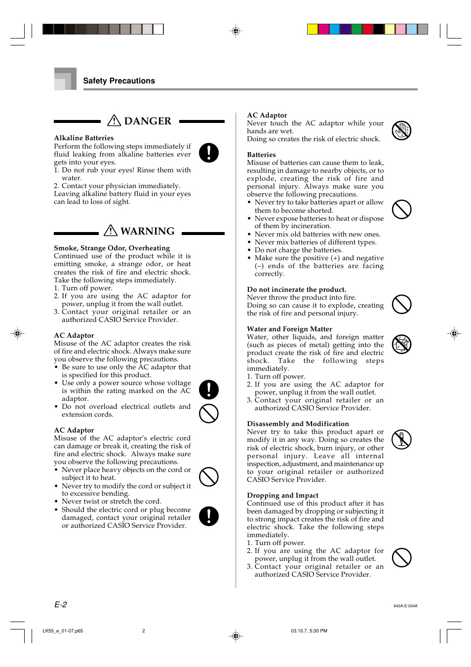 Danger, Warning | Casio LK-56 User Manual | Page 4 / 83