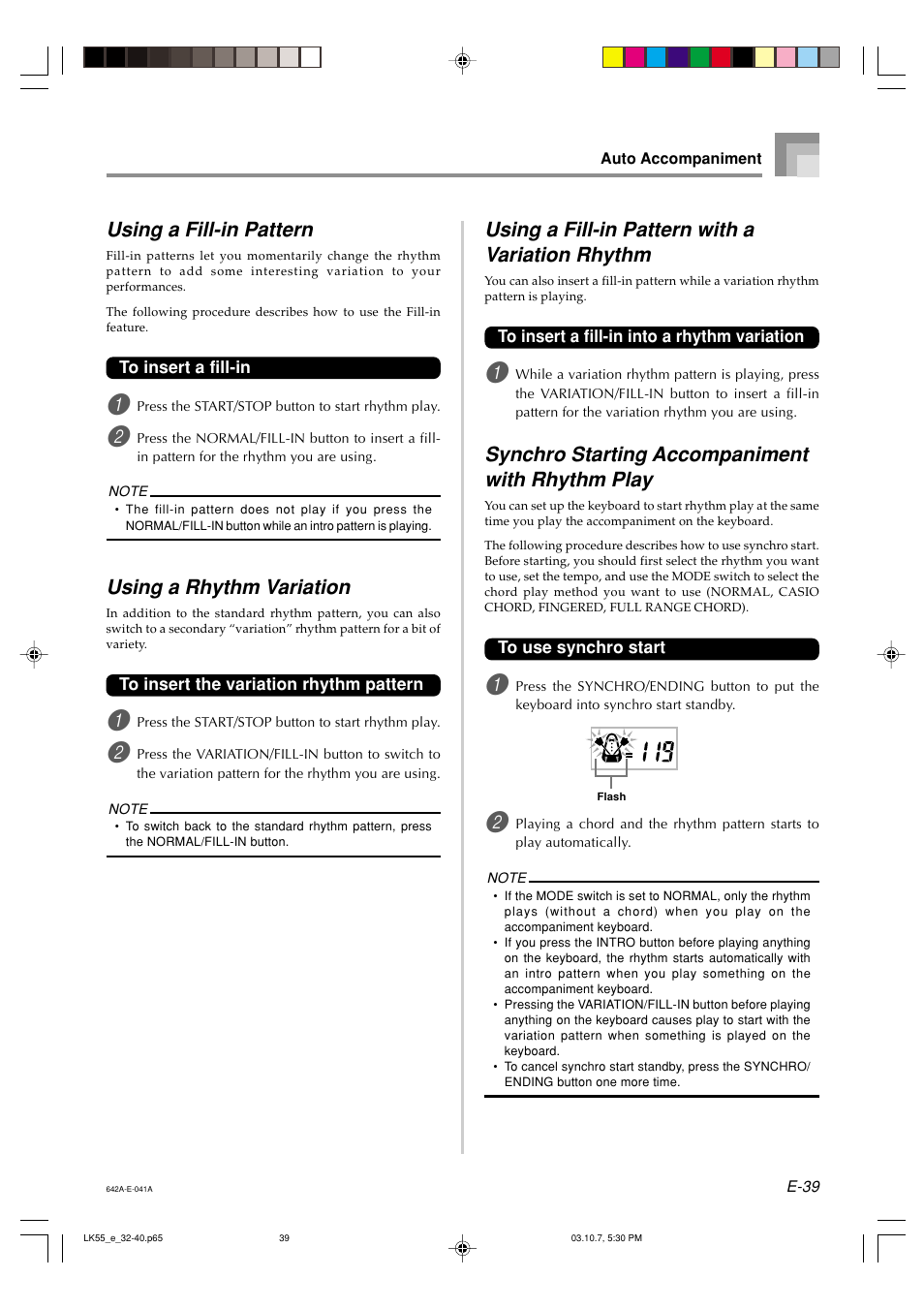 Using a fill-in pattern with a variation rhythm, Synchro starting accompaniment with rhythm play, Using a fill-in pattern | Using a rhythm variation | Casio LK-56 User Manual | Page 41 / 83