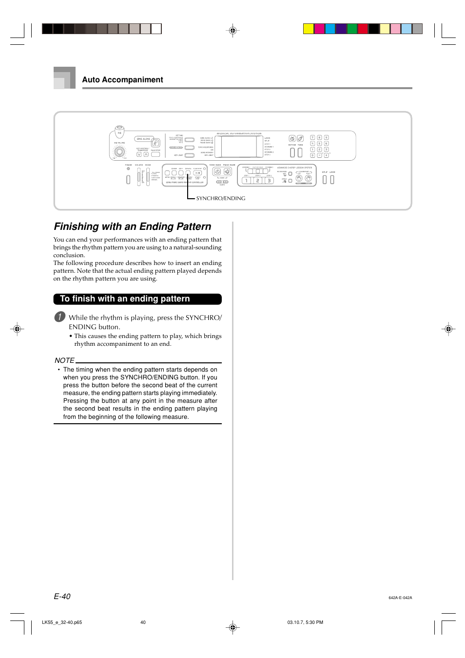 Finishing with an ending pattern | Casio LK-56 User Manual | Page 42 / 83