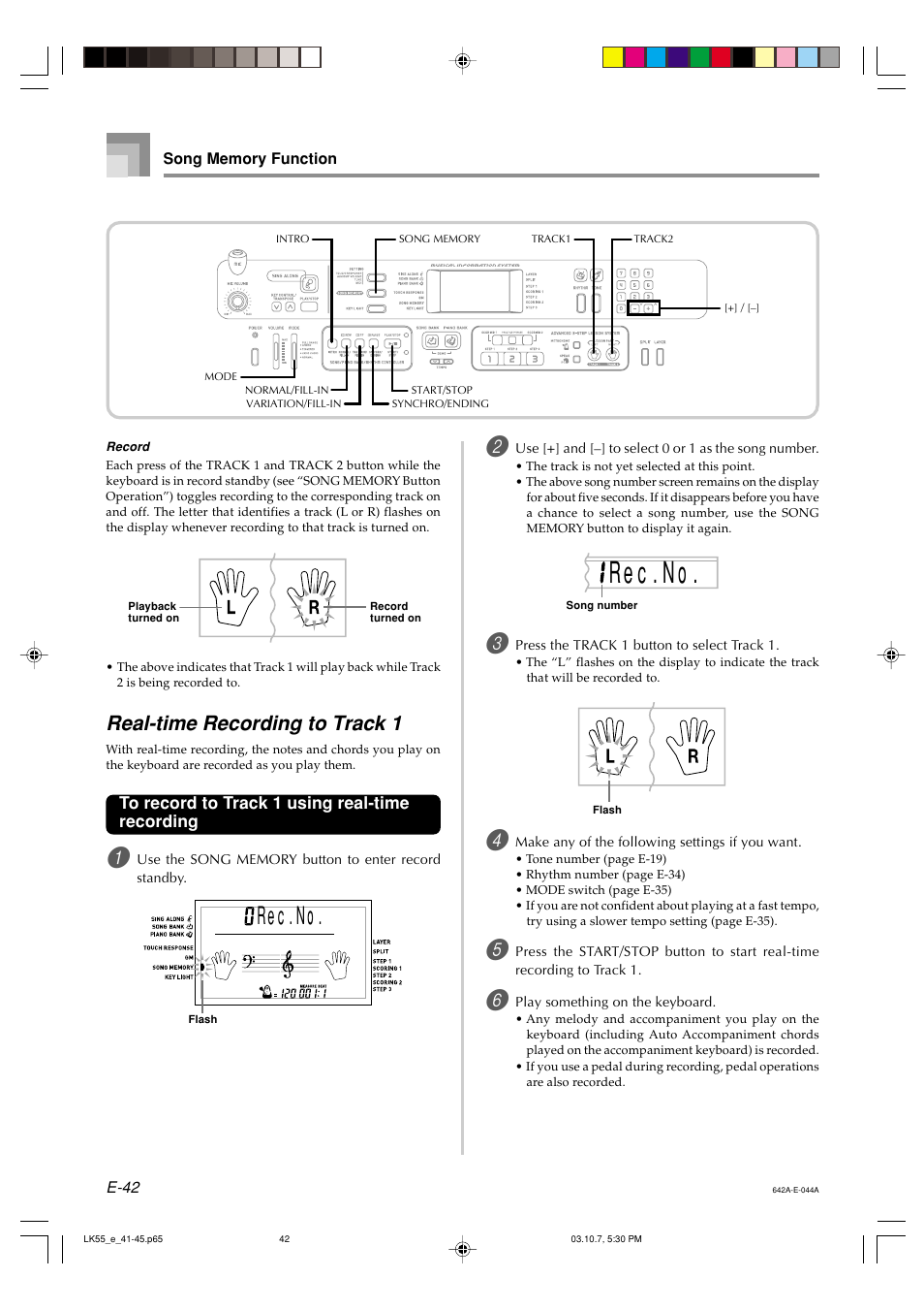 Re c . . n o, Real-time recording to track 1 | Casio LK-56 User Manual | Page 44 / 83