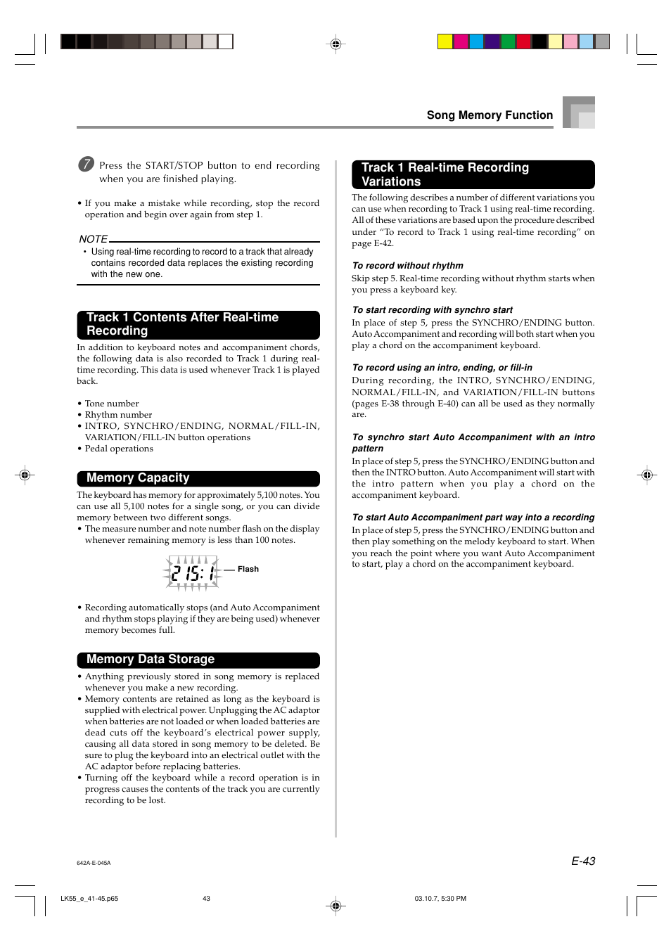 Track 1 contents after real-time recording, Track 1 real-time recording variations | Casio LK-56 User Manual | Page 45 / 83