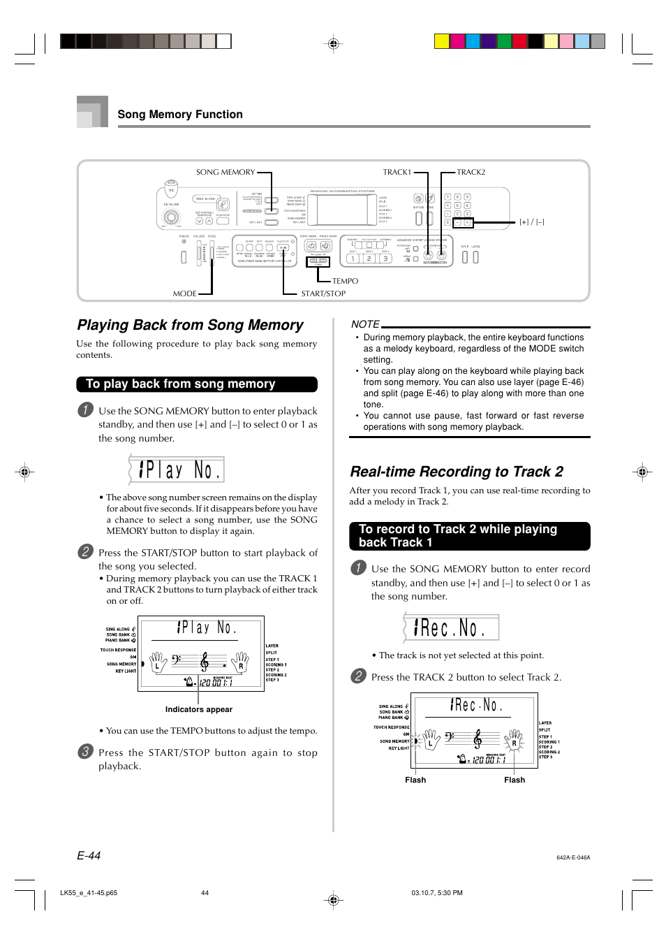 Re c o . . n, Yp l a, Re c | Real-time recording to track 2 | Casio LK-56 User Manual | Page 46 / 83