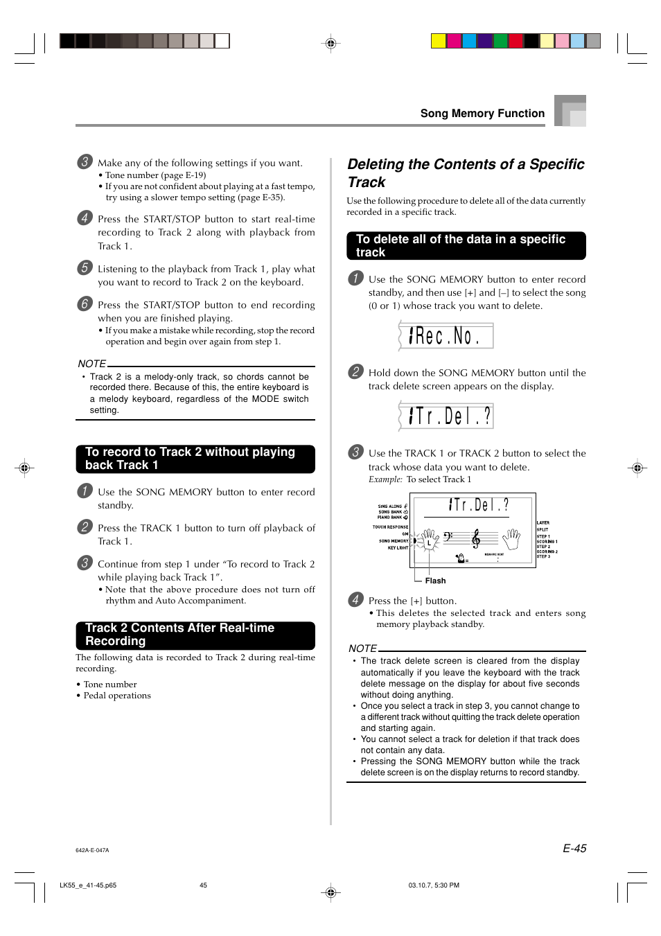 Re c o . . n t r . l . ? d e, T r . de ? l, Deleting the contents of a specific track | Casio LK-56 User Manual | Page 47 / 83