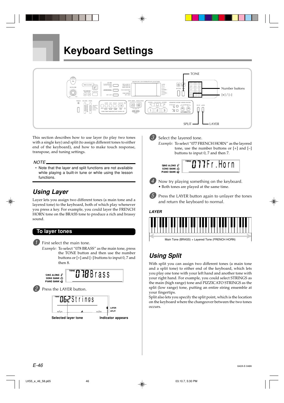 F r . h r o n, Keyboard settings, S t r i | Using layer, Using split | Casio LK-56 User Manual | Page 48 / 83