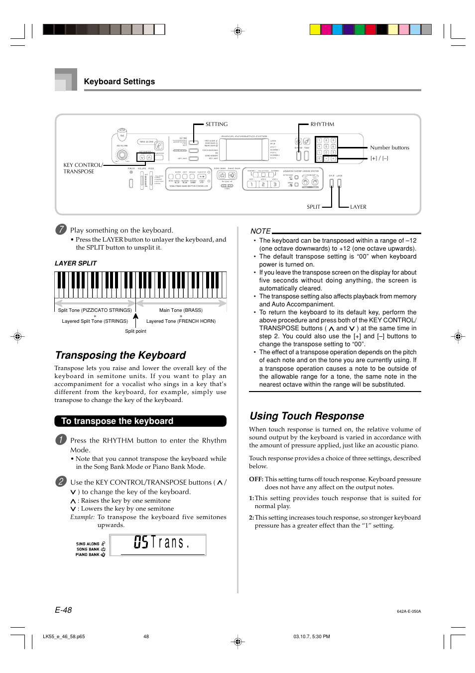 Transposing the keyboard, Using touch response | Casio LK-56 User Manual | Page 50 / 83