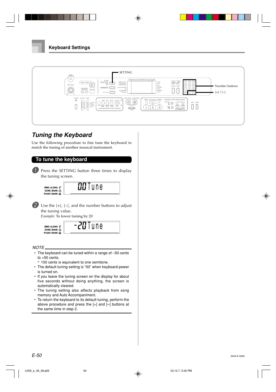 T u n e, Tuning the keyboard | Casio LK-56 User Manual | Page 52 / 83