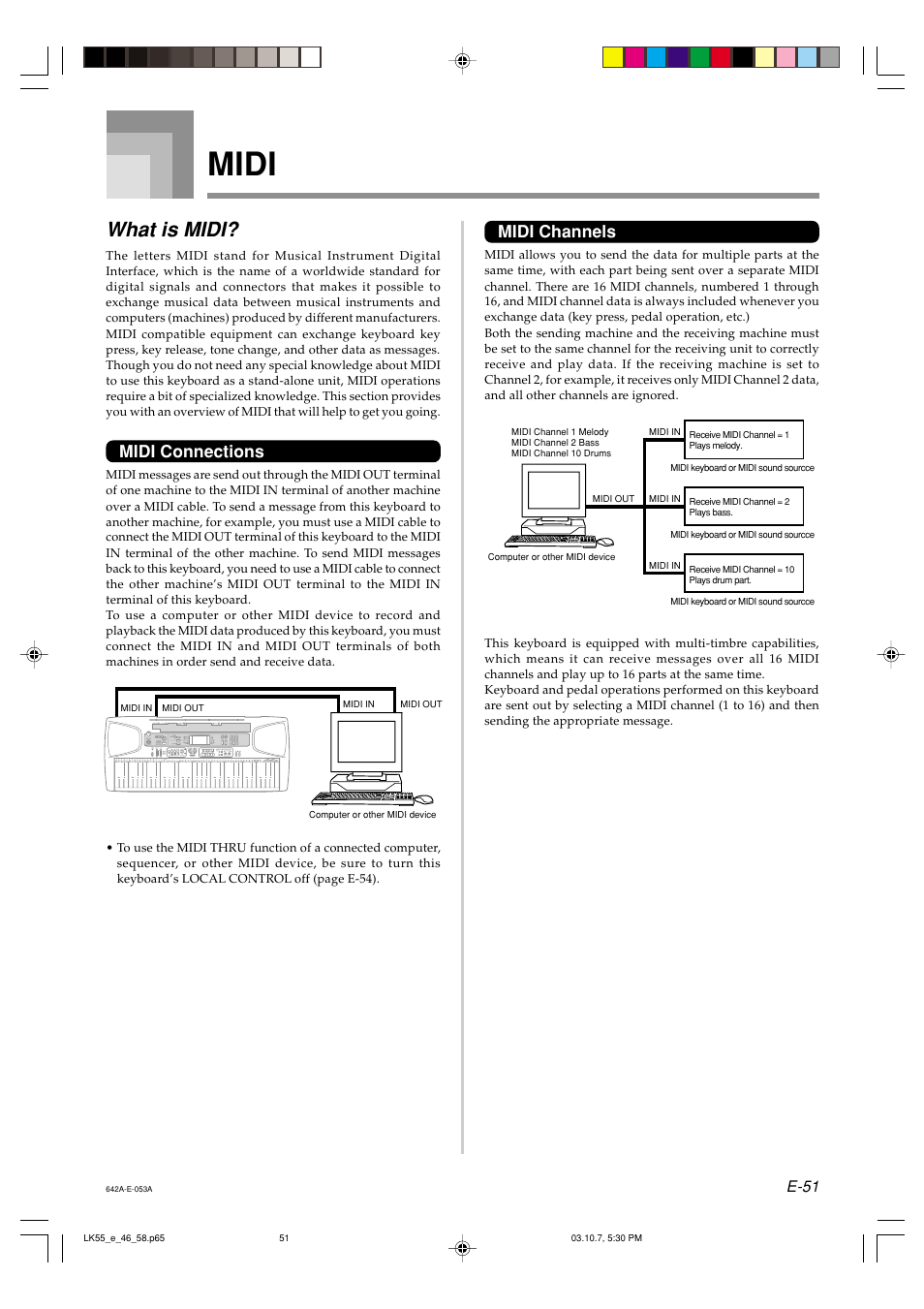 Midi, What is midi, Midi connections | Midi channels, E-51 | Casio LK-56 User Manual | Page 53 / 83