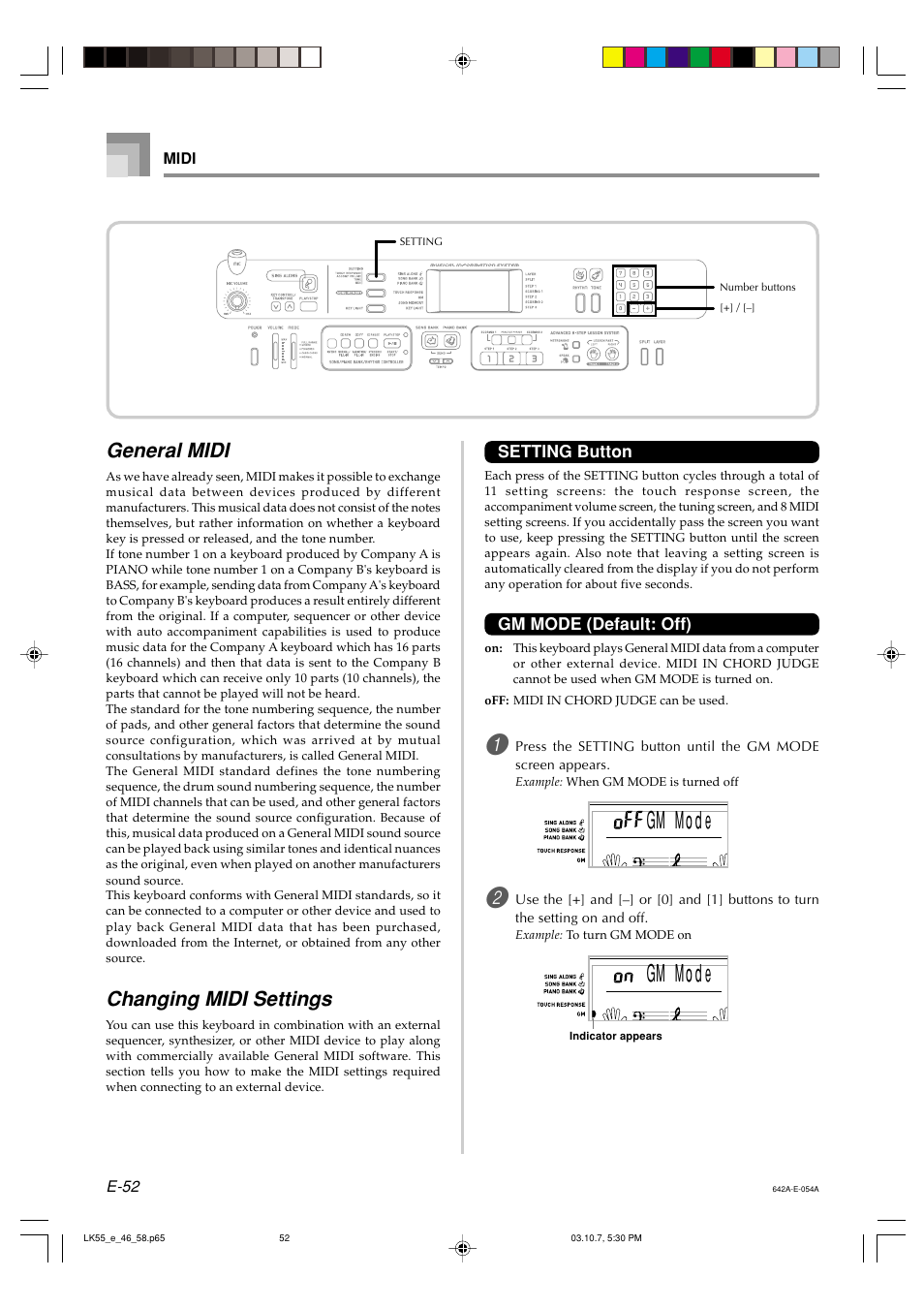 Gm mo d e, General midi, Changing midi settings | Casio LK-56 User Manual | Page 54 / 83