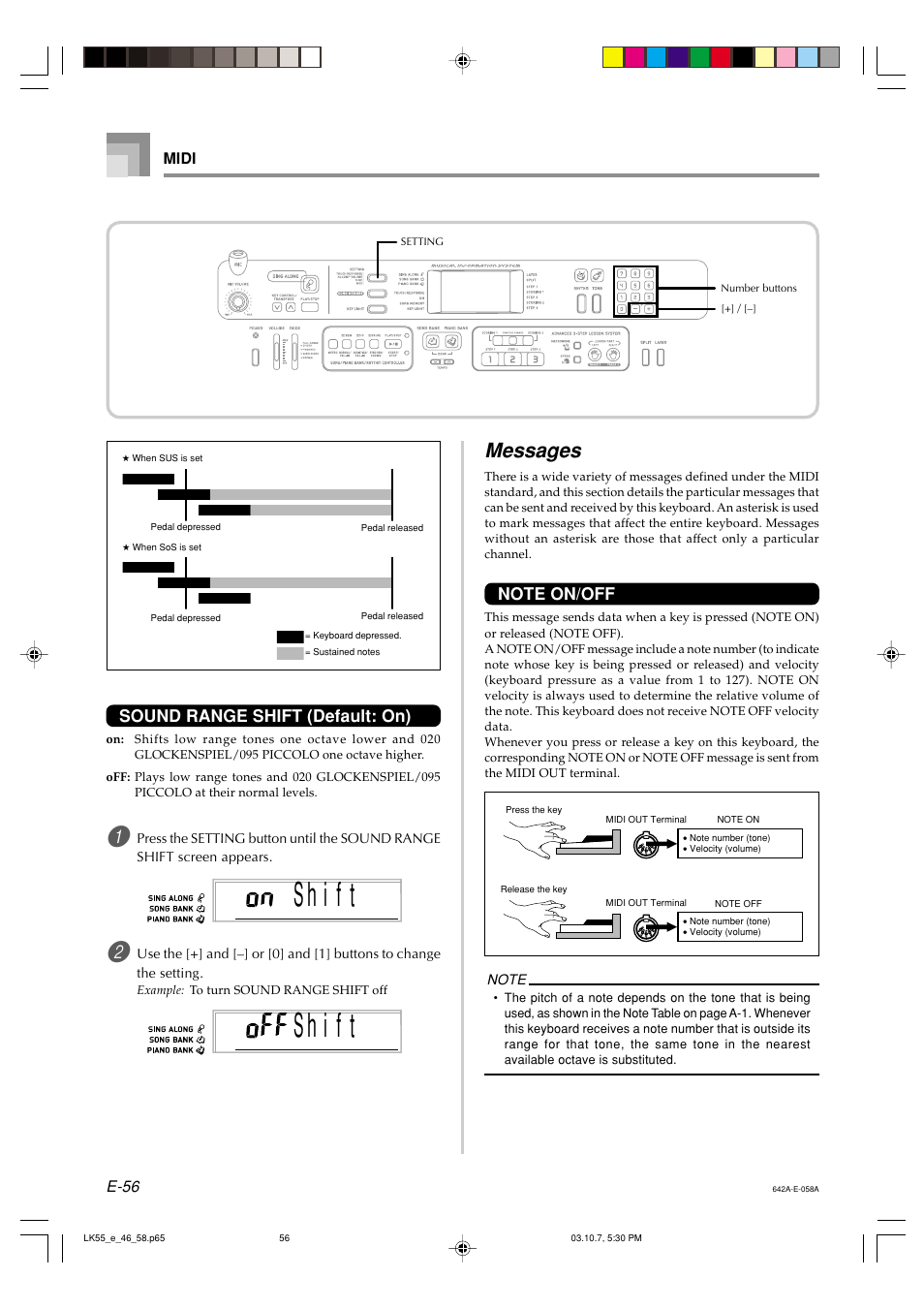 Messages, Sound range shift (default: on) | Casio LK-56 User Manual | Page 58 / 83