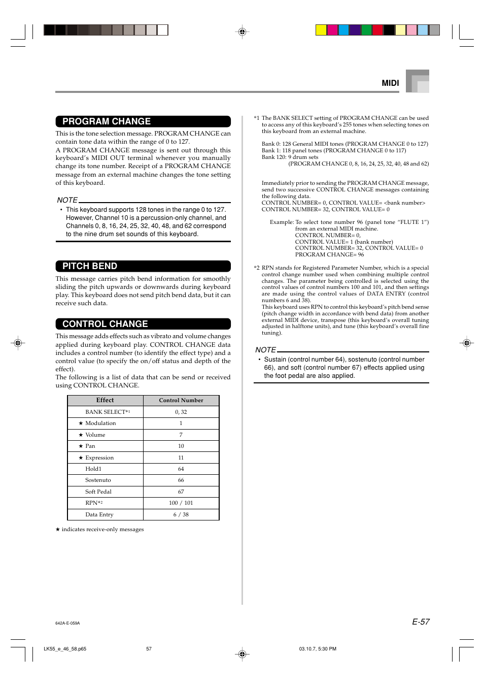 Program change, Pitch bend, Control change | E-57 midi | Casio LK-56 User Manual | Page 59 / 83