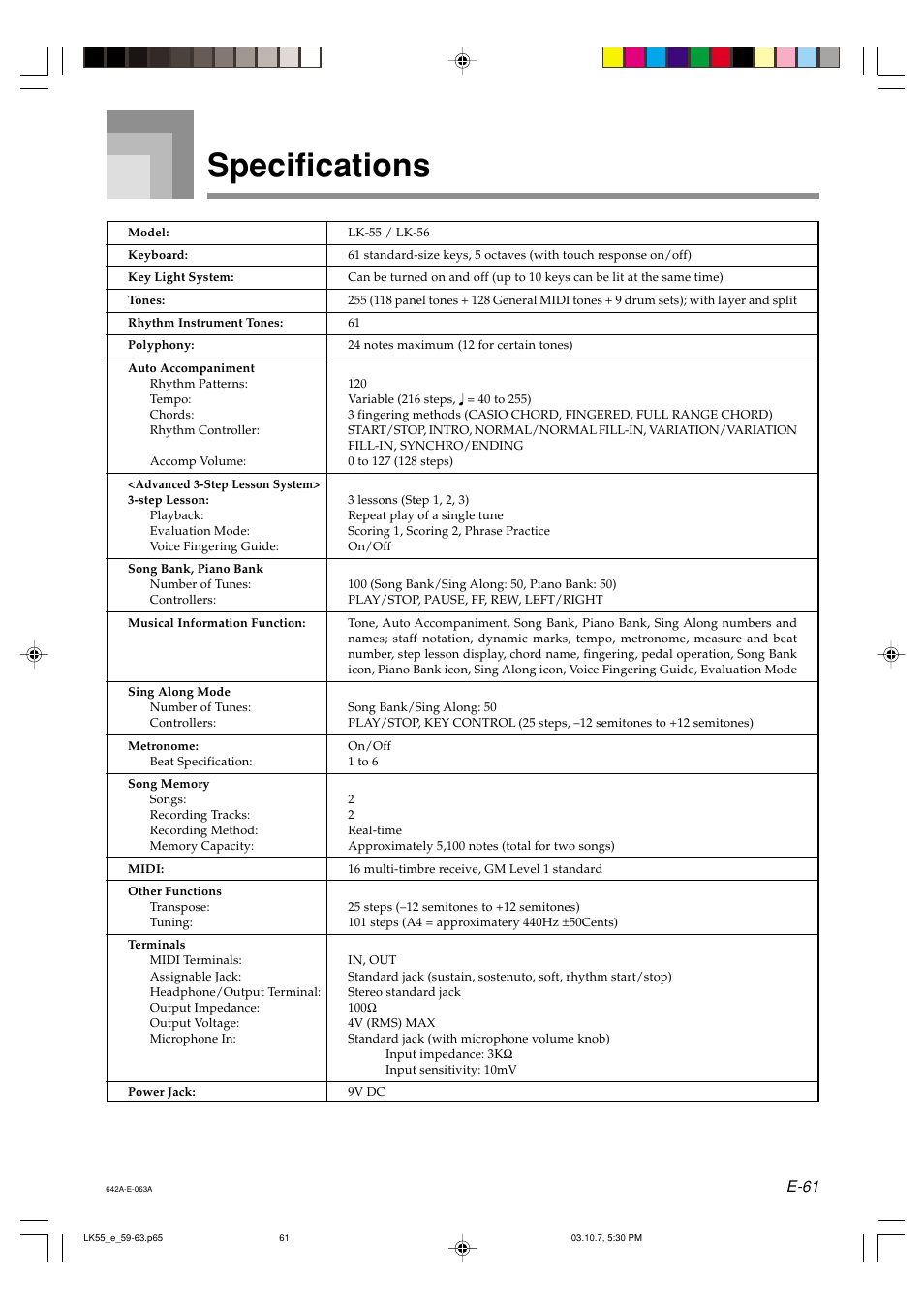 Specifications, E-61 | Casio LK-56 User Manual | Page 63 / 83