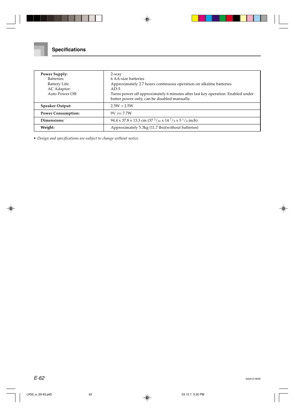 E-62, Specifications | Casio LK-56 User Manual | Page 64 / 83