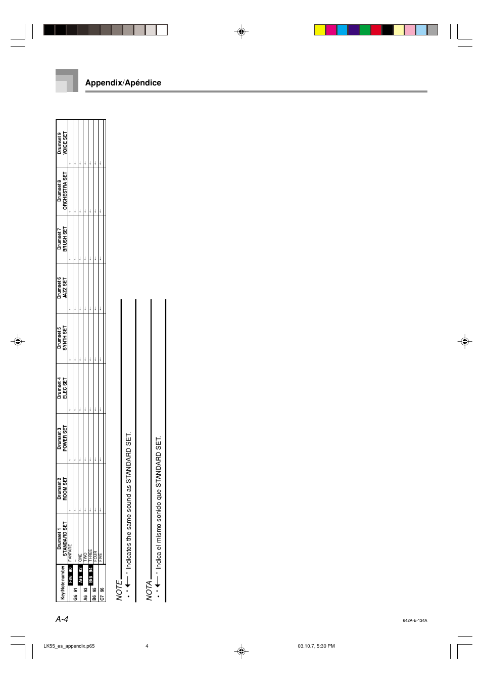 A-4 appendix/apéndice, Not a | Casio LK-56 User Manual | Page 69 / 83