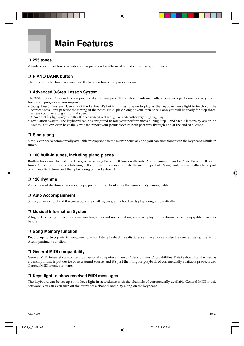 Main features | Casio LK-56 User Manual | Page 7 / 83