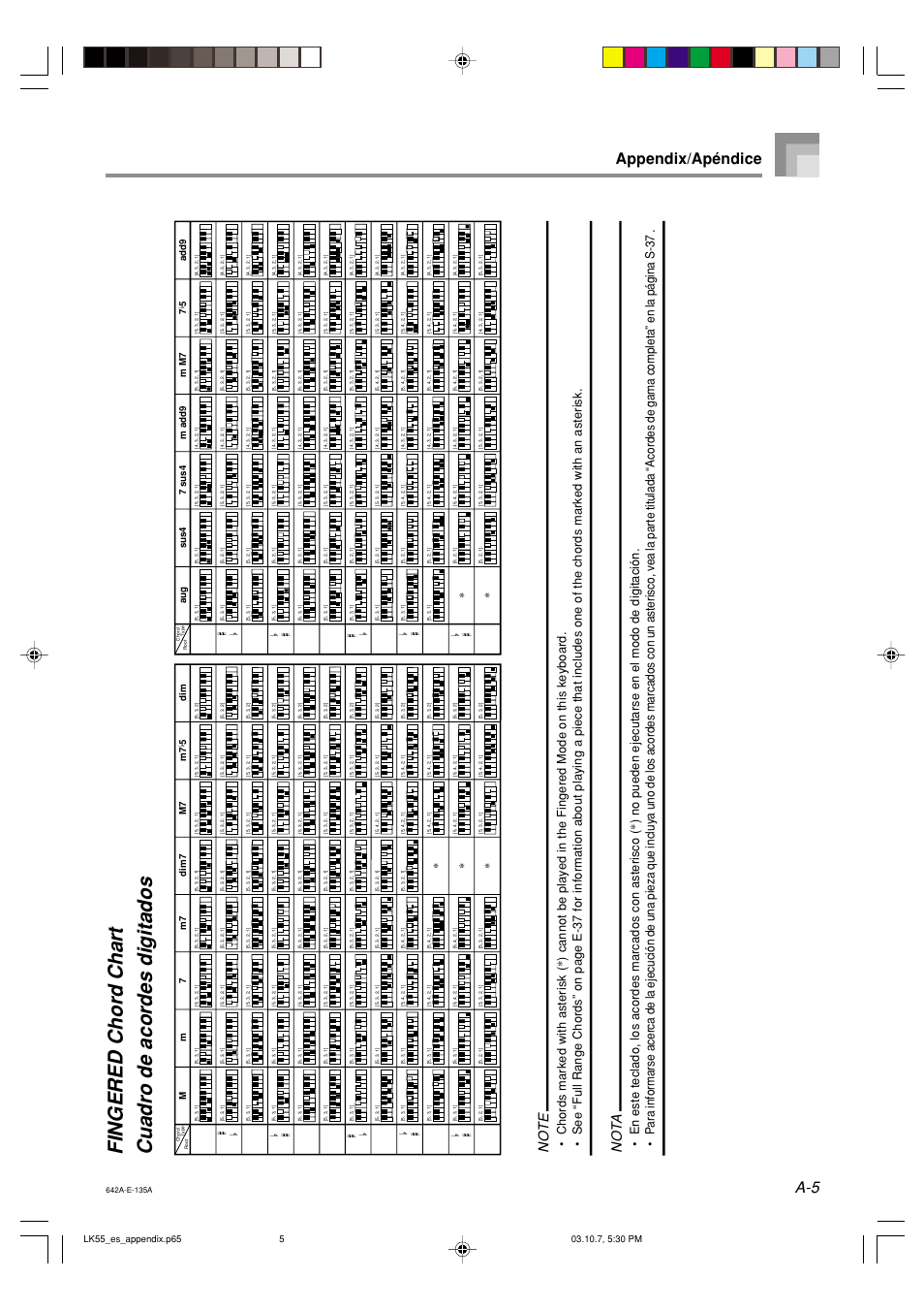 Fingered chord chart cuadro de acordes digitados, Appendix/apéndice, Not a | Casio LK-56 User Manual | Page 70 / 83