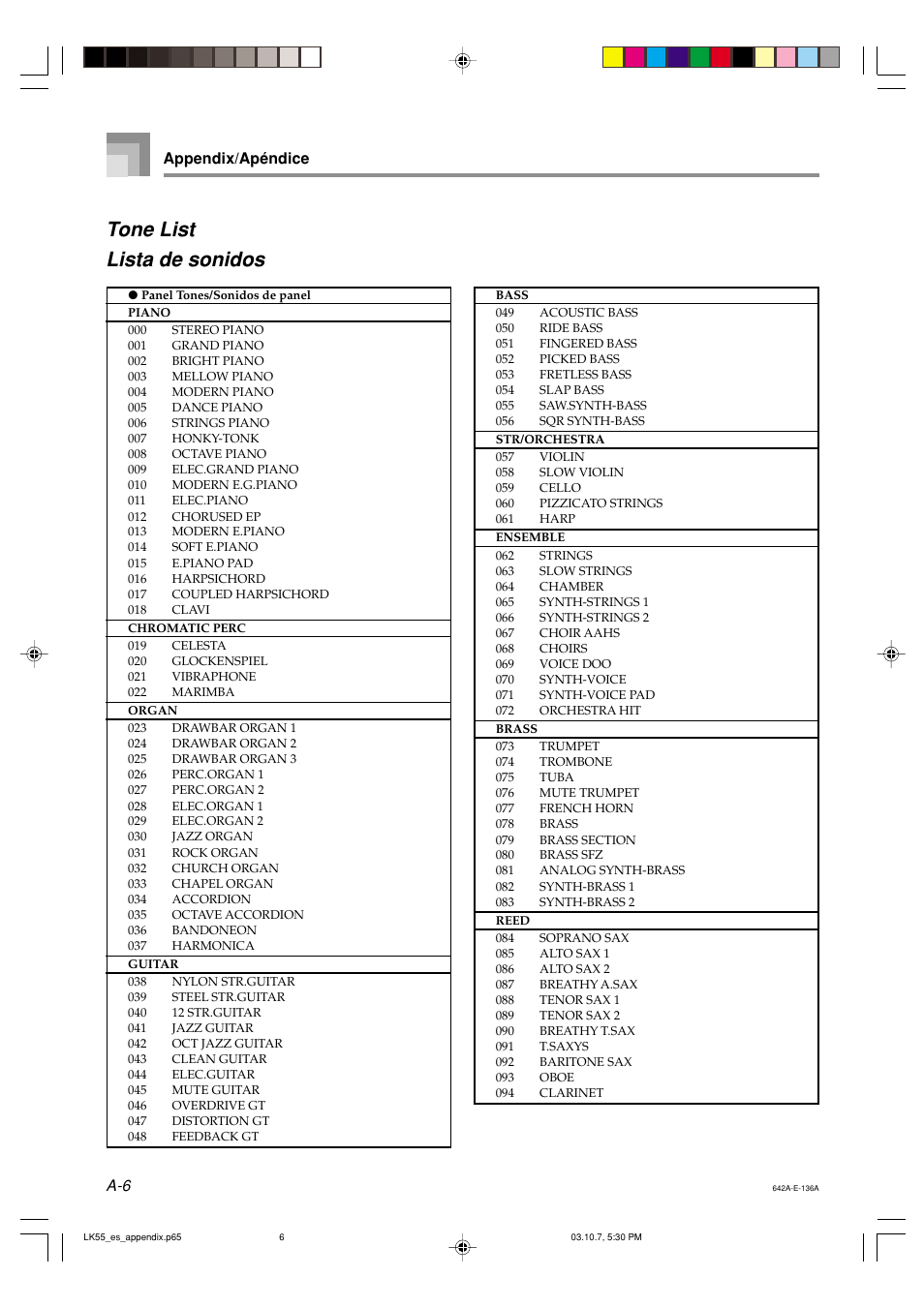 Tone list lista de sonidos, Appendix/apéndice | Casio LK-56 User Manual | Page 71 / 83