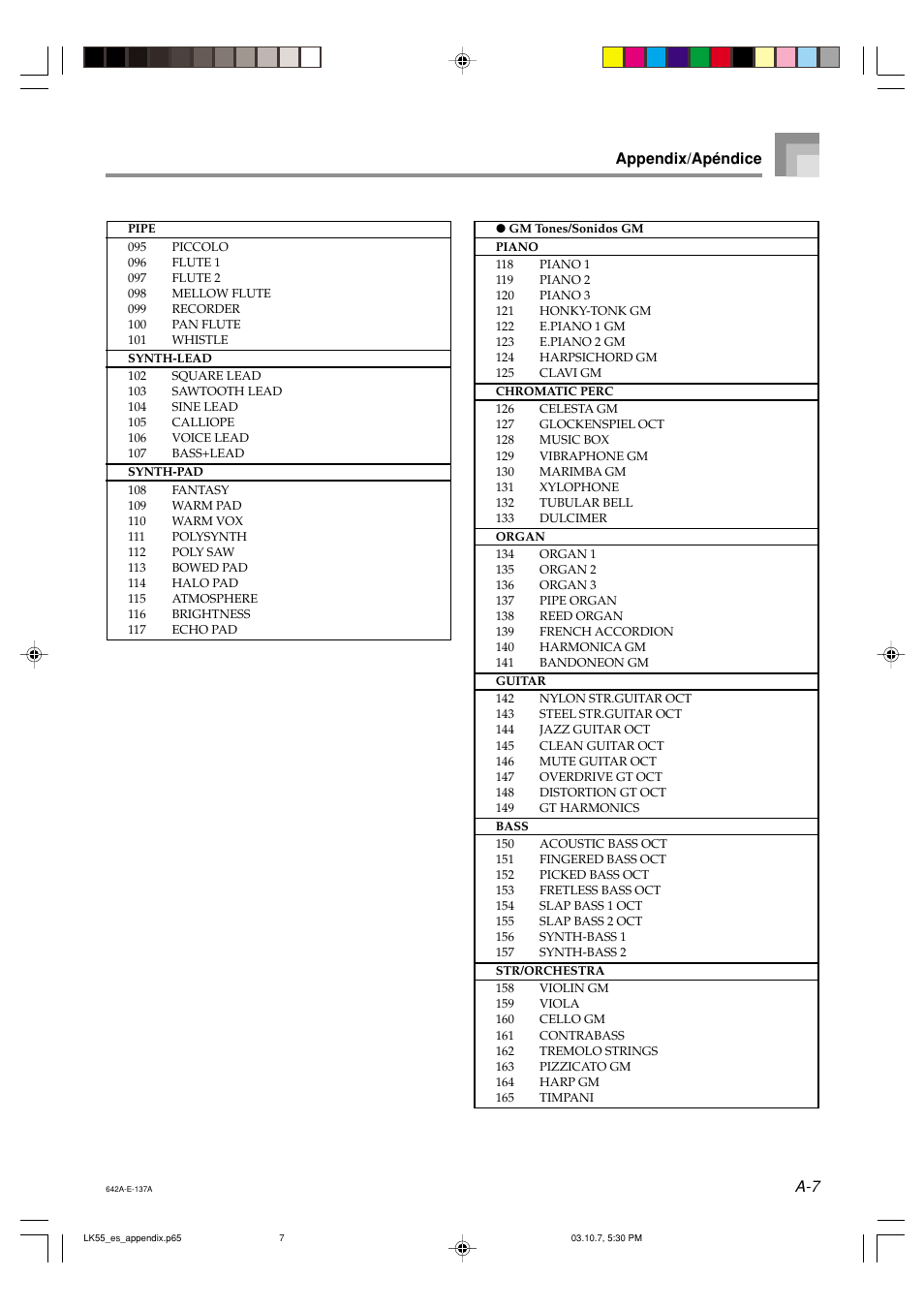 Appendix/apéndice | Casio LK-56 User Manual | Page 72 / 83